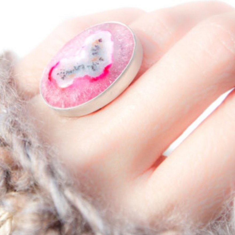 pink solar quartz ring on silver